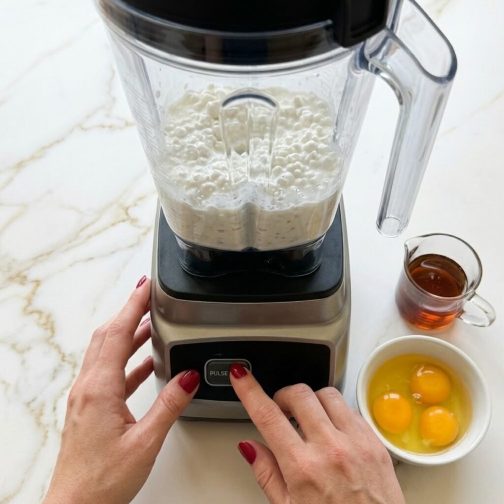 Instructional close-up showing the crucial step of pulsing cottage cheese briefly to ensure the finished bake has a varied, custard-like interior texture.