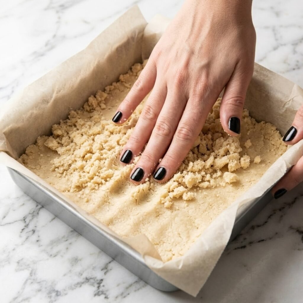 Close up of hands with glossy black nails pressing shortbread crust dough into a square baking pan.