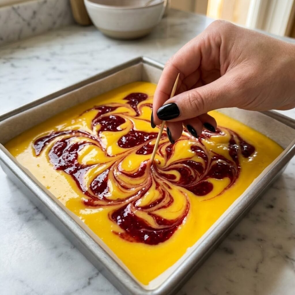 Close up of a toothpick marbling red raspberry jam into a smooth yellow mango custard filling in a baking pan.