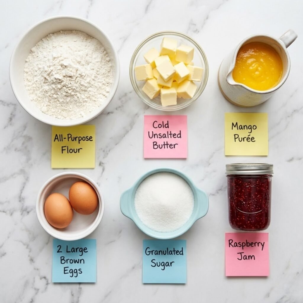 Top down flat lay of baking ingredients including flour, cold butter, yellow mango purée, and red raspberry jam in bowls on a marble counter with sticky notes.