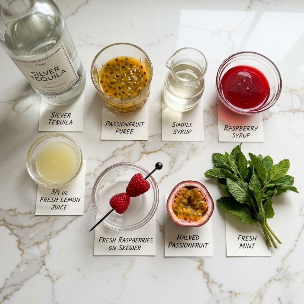 A professional mise en place shot showcasing the vibrant fruit, syrups, and tequila needed to craft a layered Raspberry Passionfruit Tequila Sour.