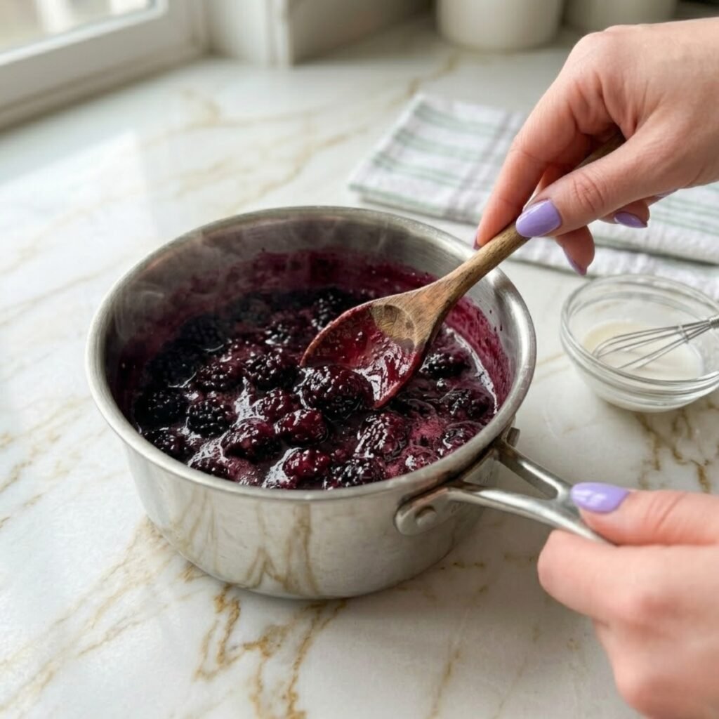 Showcasing the cooking phase where fresh blackberries are reduced into a thick, glossy sauce perfect for draping over mini cheesecakes.