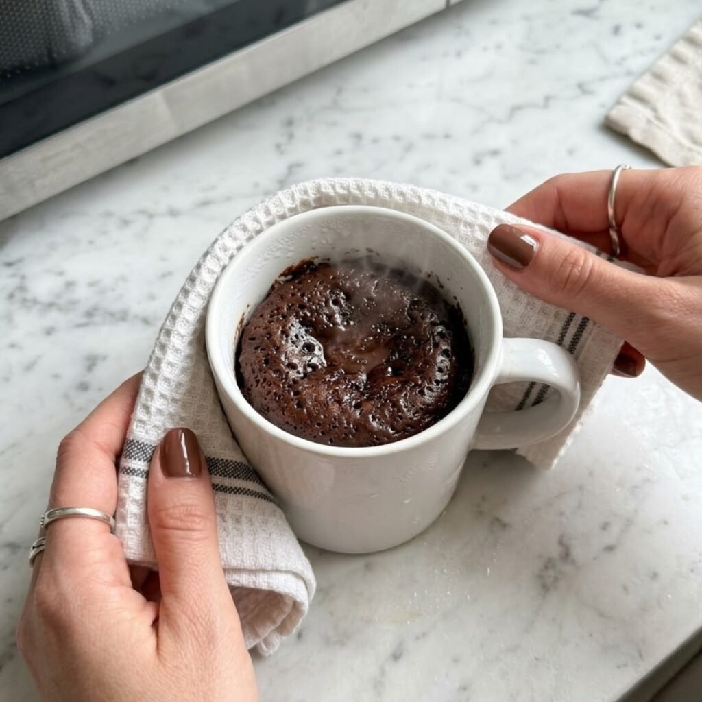 A detailed shot capturing the freshly microwaved protein brownie resting on the counter to finish cooking through residual heat.