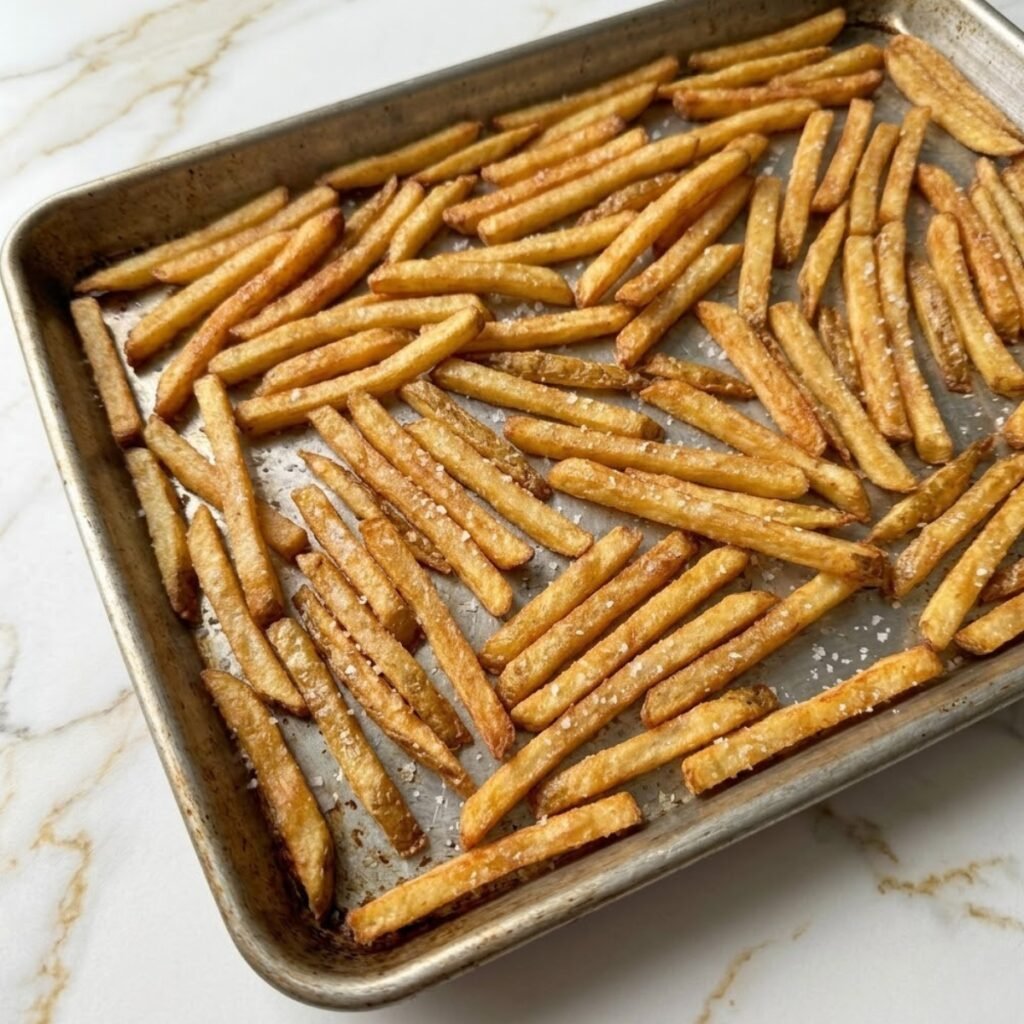 Close-up of perfectly golden and crisp fries on a silver sheet pan, ready for the toppings.