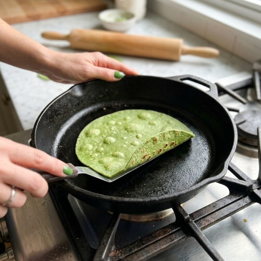 Showcasing the dry-cooking method in a hot skillet to achieve soft tortillas with characteristic brown toasted spots.