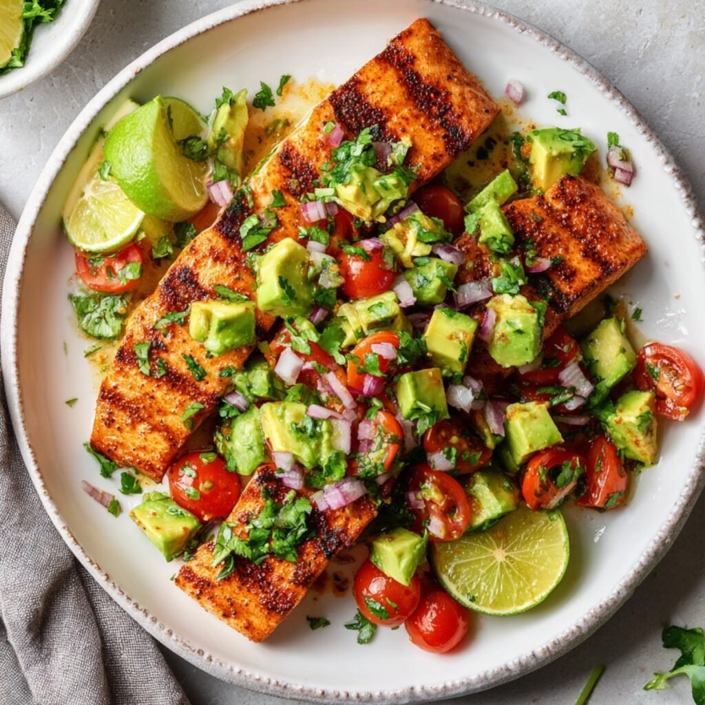 Overhead view of a rustic white speckled ceramic plate with three blackened spice-crusted salmon fillets topped with a vibrant fresh avocado salsa made of chunky diced avocado, halved cherry tomatoes, diced red onion, and chopped cilantro, garnished with lime wedges, placed on a light gray surface with a gray linen napkin alongside and a small bowl of fresh herbs partially visible in the corner.