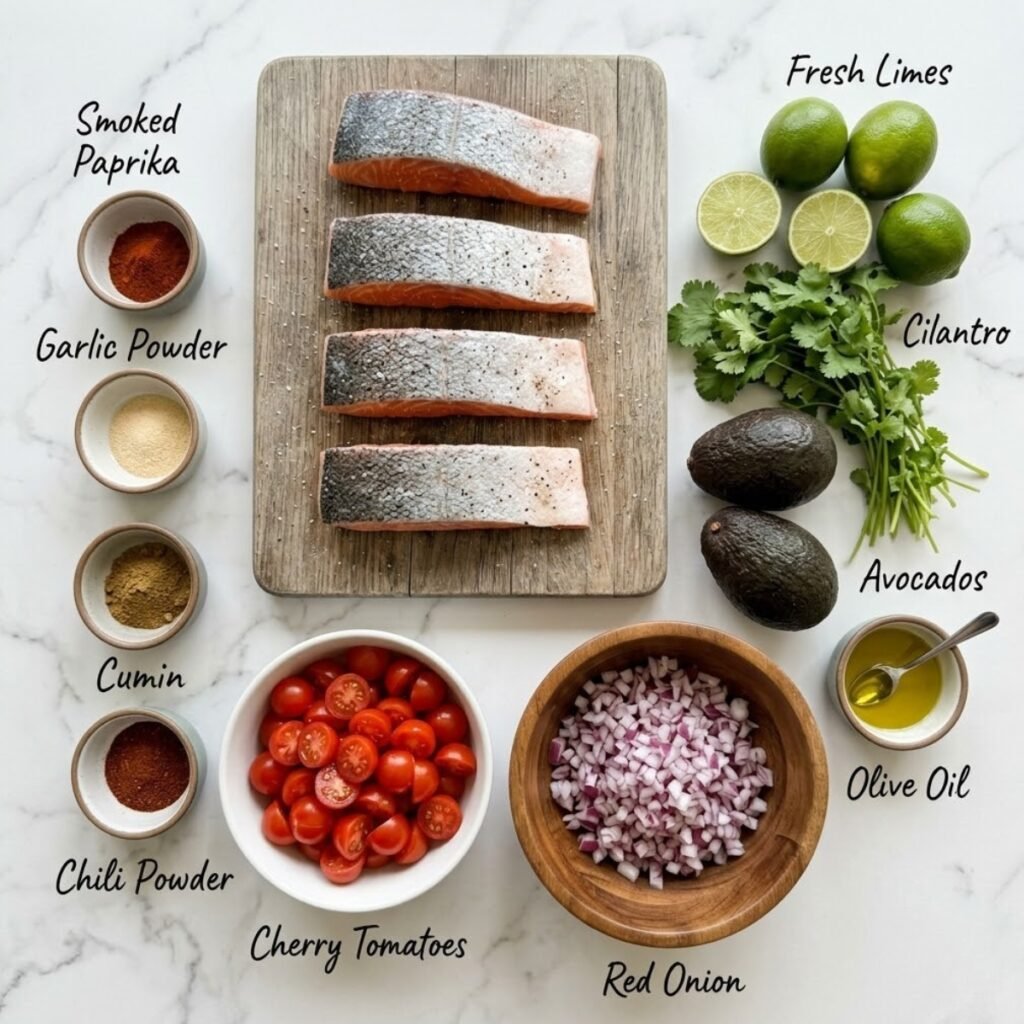 A professional mise en place shot showcasing the fresh produce, thick salmon fillets, and warm spices needed to create this vibrant, quick dinner.