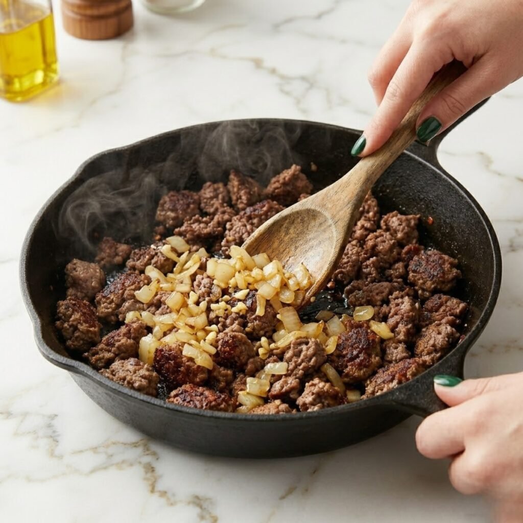 A detailed shot illustrating the onions softening into golden translucent chunks among the browned beef.