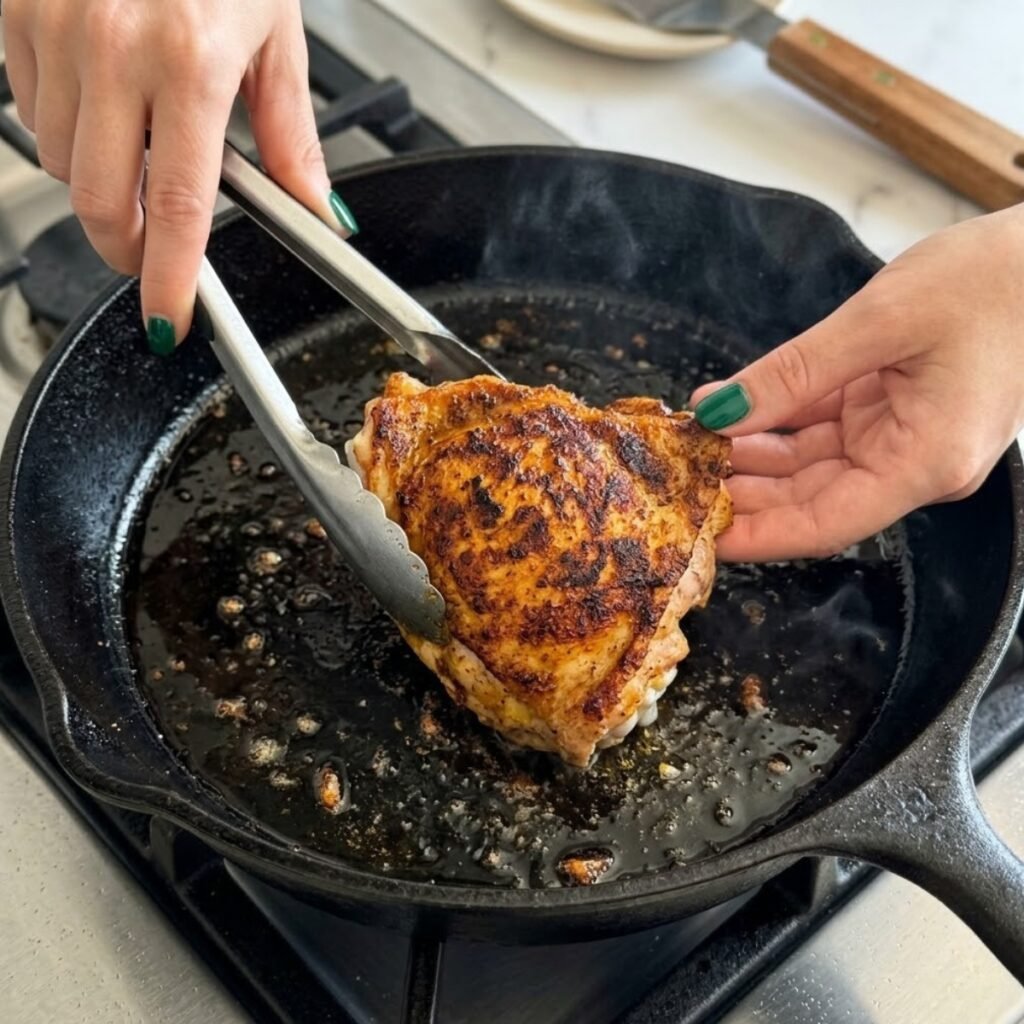 An instructional close-up showing the crucial searing step where the spiced chicken skin becomes beautifully caramelized and charred.