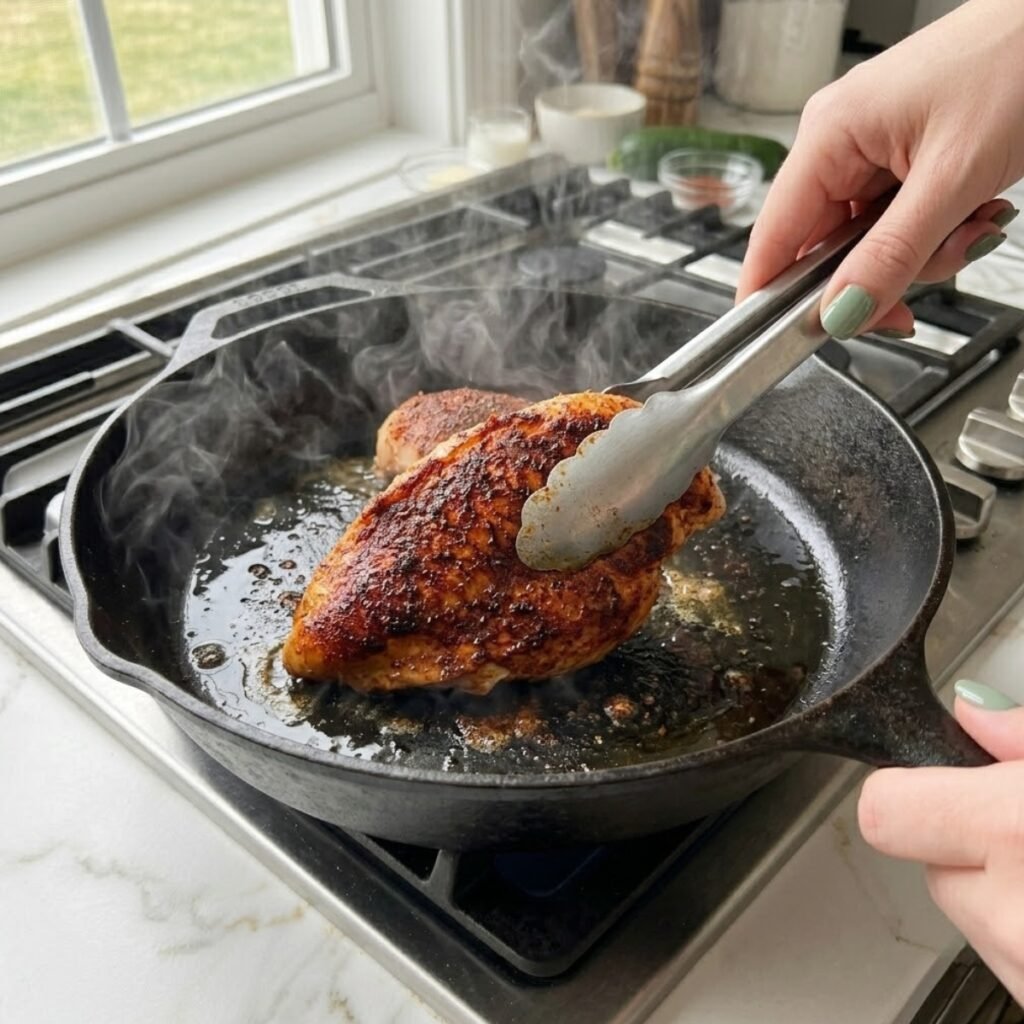 A detailed shot of the chicken breasts developing a flavorful, smoky crust in a hot skillet, ready for the Alfredo bowl.