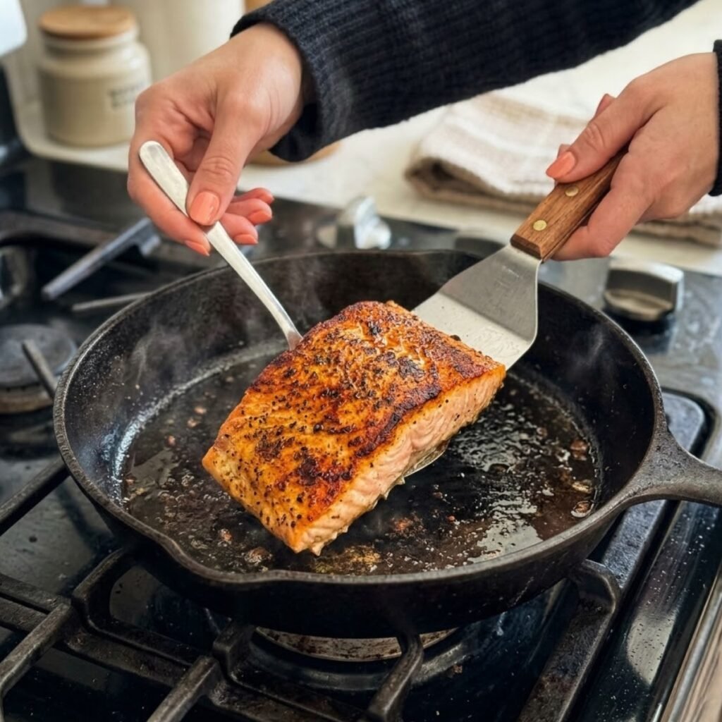A detailed action shot capturing the crucial searing step, highlighting the beautifully charred, spiced crust forming on the salmon.