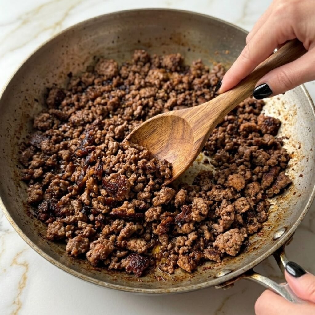A detailed shot of seasoned ground beef being broken into crumbles in a skillet, showcasing rich browning and texture.