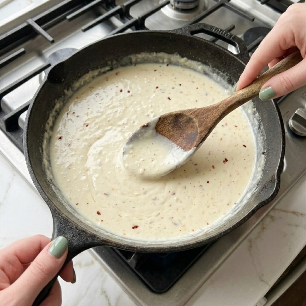 Illustrating the process of building a rich, coating Alfredo sauce from heavy cream and freshly grated Parmesan.
