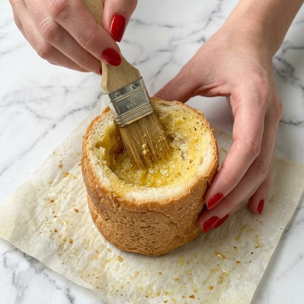 Close up of hands with classic red nails brushing garlic butter into a hollowed out Italian roll.