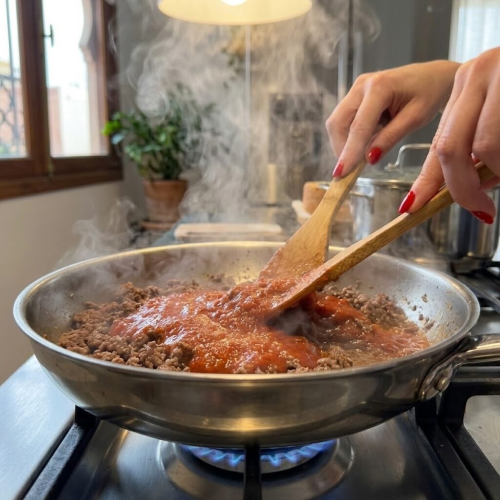 Close up of ground beef and marinara sauce sizzling with steam in a skillet on a gas stove.