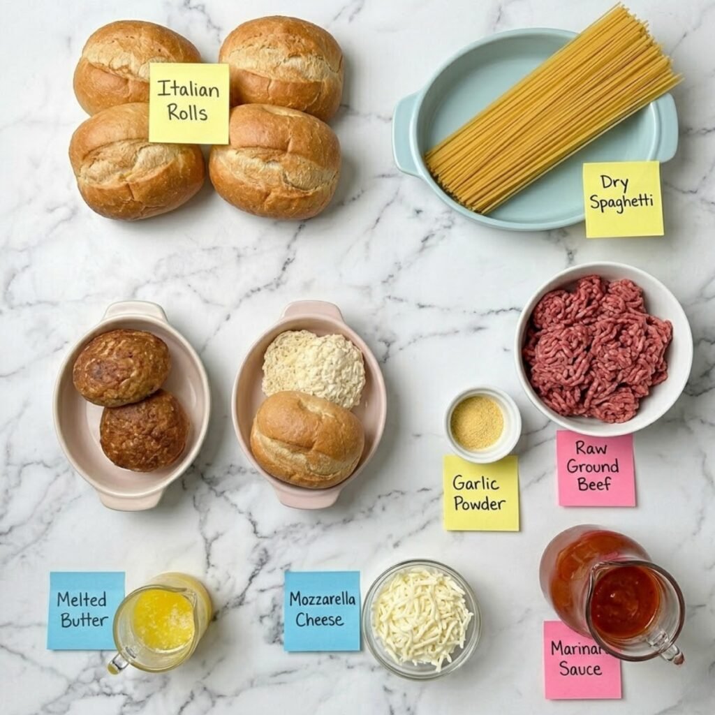 Top down flat lay of Italian rolls, dry spaghetti, ground beef, and marinara sauce in bowls on a marble counter with sticky notes.