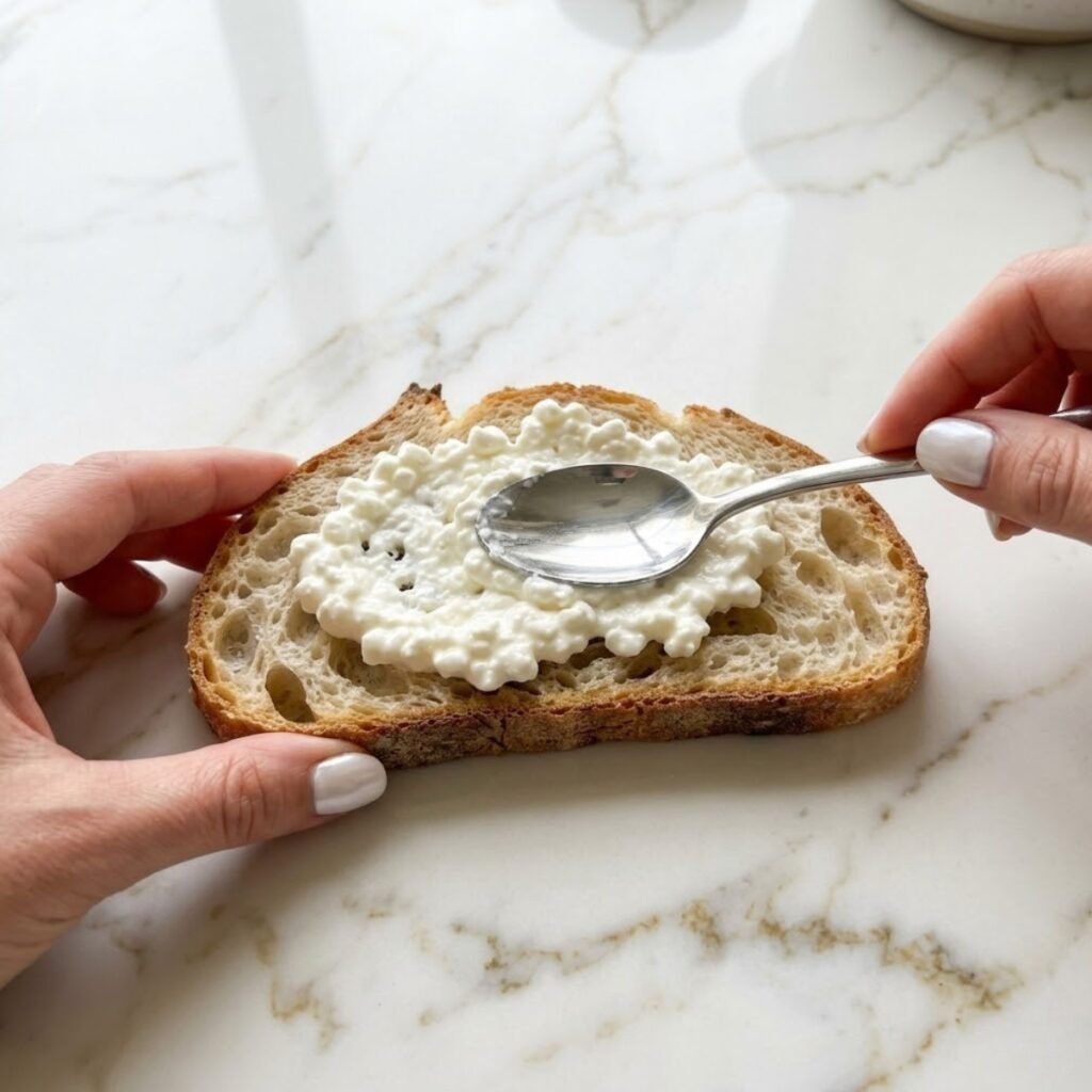 An instructional close-up showing how to create a thick, even layer of cottage cheese as the base for tomato toast.