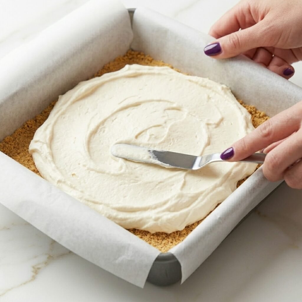 A detailed shot illustrating the process of creating a level, airy cream cheese layer that serves as the foundation for the berry topping.