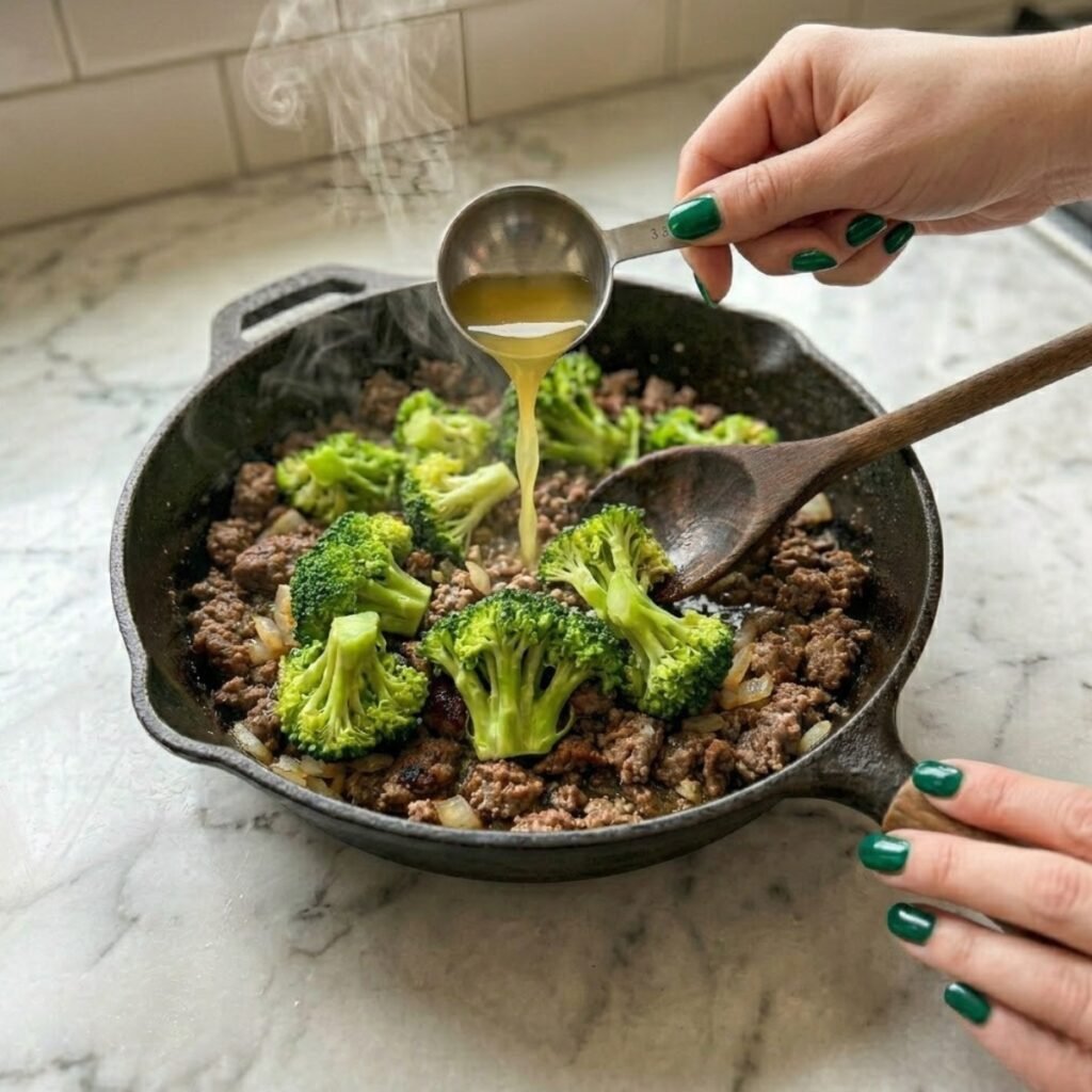 Showcasing the technique of adding a splash of broth to the skillet to perfectly soften broccoli florets while maintaining their vibrant color.