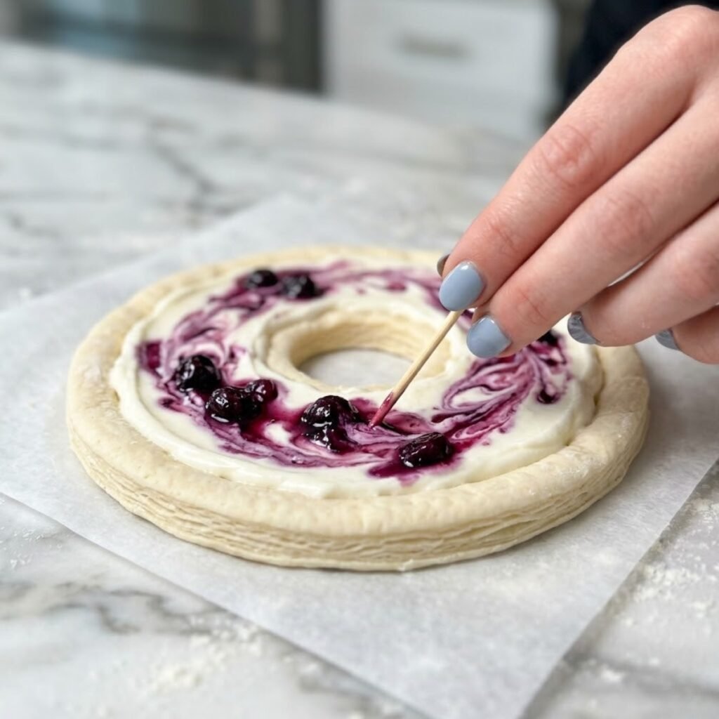 Close up of a toothpick marbling crushed purple blueberries into a cream cheese danish center.