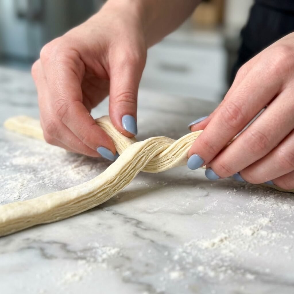 Close up of hands with fog blue nails twisting puff pastry strips into a textured rope strand on a marble counter.