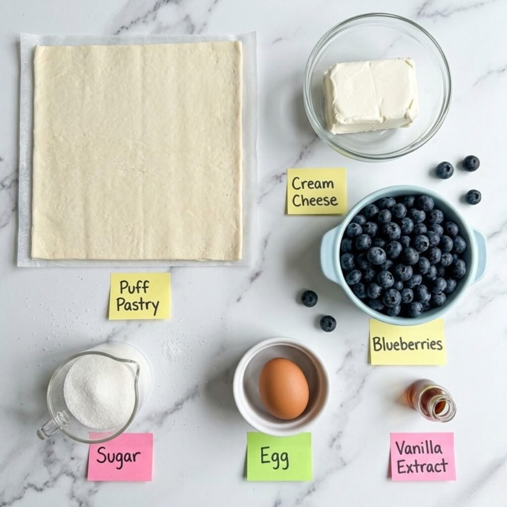 Top down flat lay of danish ingredients including puff pastry, cream cheese, fresh blueberries, sugar, and an egg in bowls on a marble counter with labels.