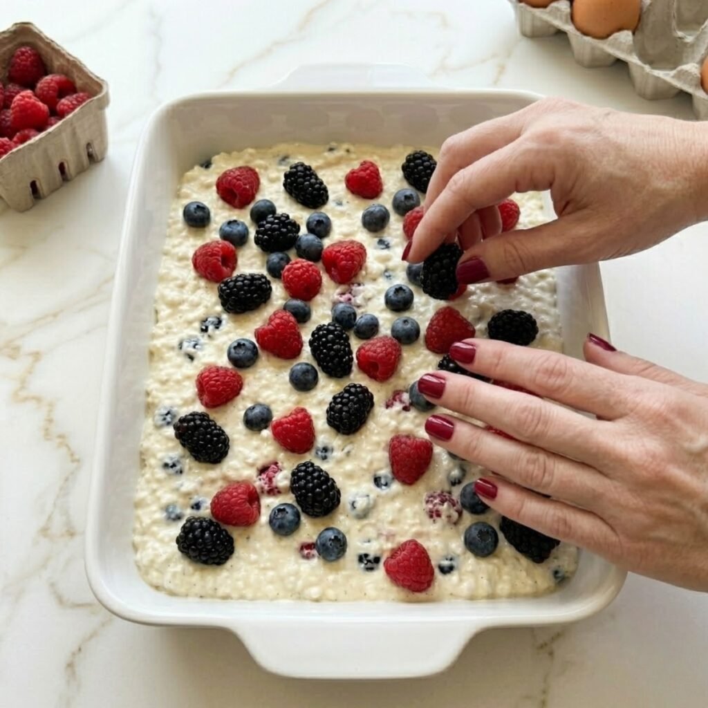 Showcasing the final assembly where berries are added to the surface of the batter to create a colorful, jammy crust during baking.