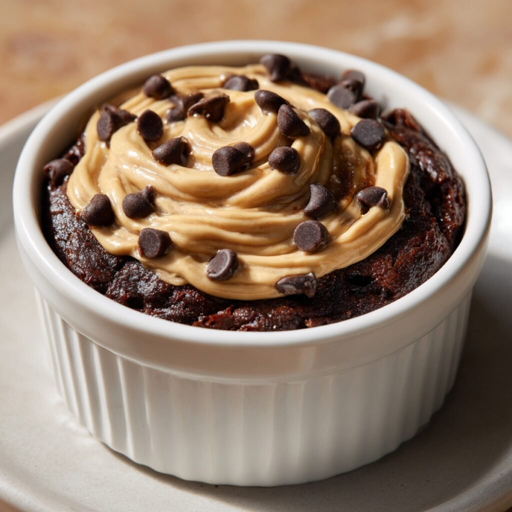 A close-up of a single-serve fudgy chocolate protein brownie baked in a white ribbed ramekin, domed and overflowing the top, swirled with creamy peanut butter and scattered with mini dark chocolate chips, placed on a small white ceramic saucer on a warm wooden surface.