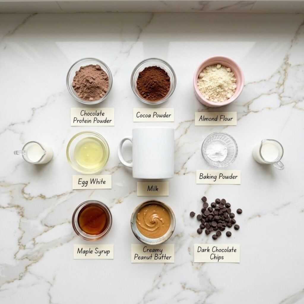 A professional mise en place shot showcasing the simple, single-serve ingredients needed to whip up a fudgy, high-protein microwave brownie.