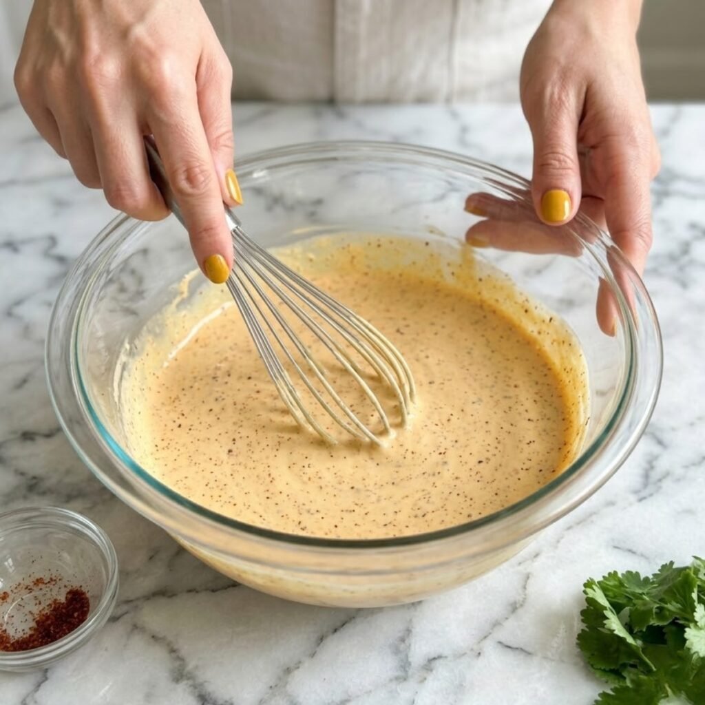 A detailed shot illustrating the process of whisking the tangy and spiced dressing that coats every curl of the pasta.