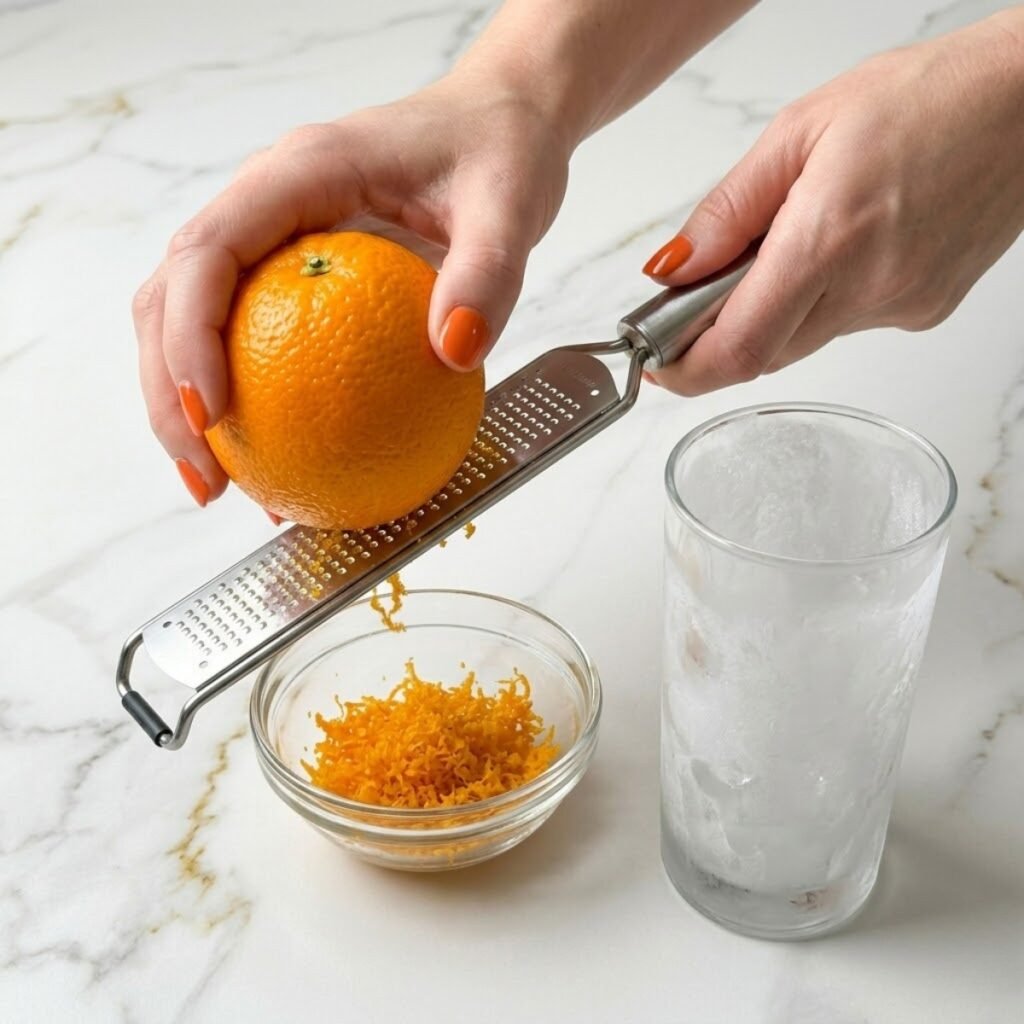 An instructional close-up showing the essential step of zesting a fresh orange and chilling the serving glass for a perfect creamsicle shake.