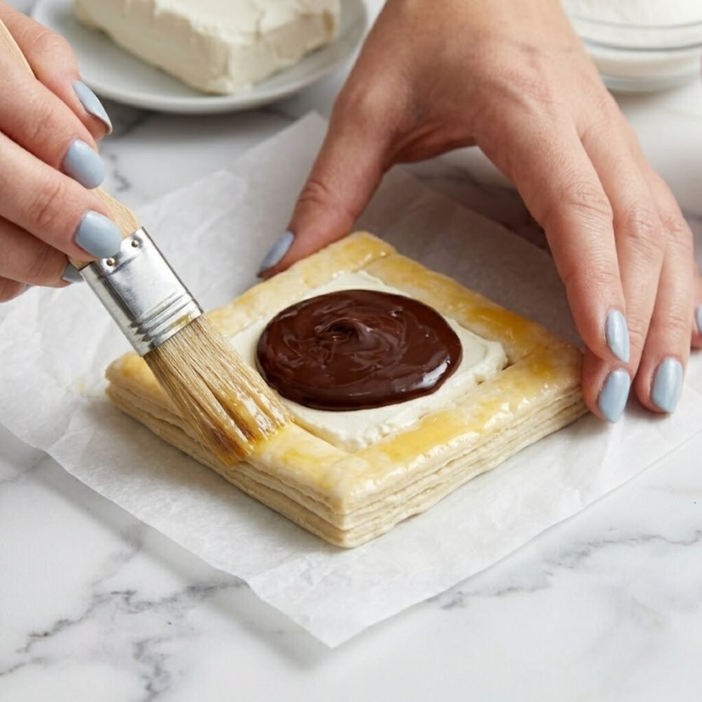 Close up of a hand brushing egg wash onto the edges of a cream cheese and chocolate pastry with a small pastry brush.