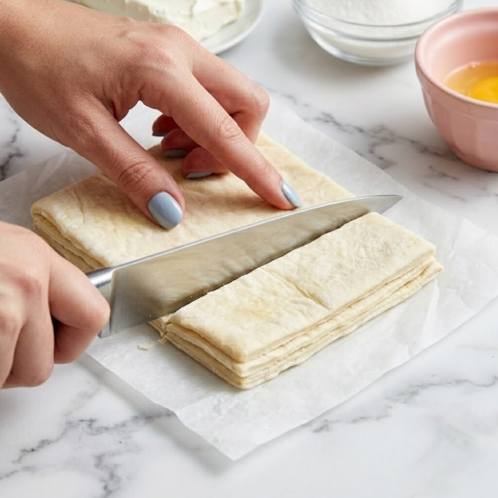 Close up of hands with fog blue nails slicing a thawed puff pastry sheet into rectangles using a sharp chef's knife.