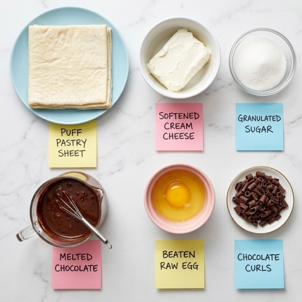 Top down flat lay of danish ingredients including puff pastry, cream cheese, sugar, melted chocolate, and chocolate curls in organized bowls with sticky note labels.