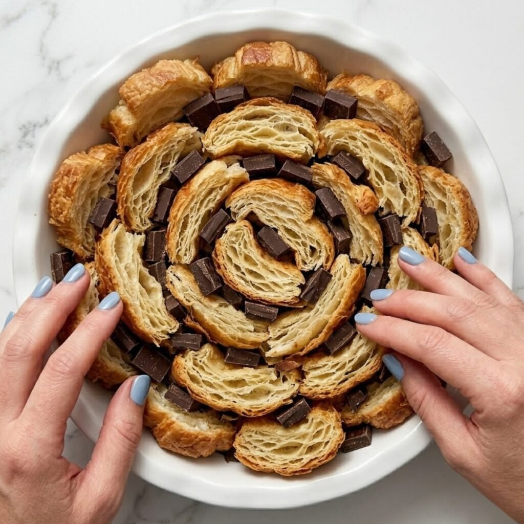 Close up of hands with fog blue nails arranging torn stale croissants and chocolate chunks in a round white baking dish.