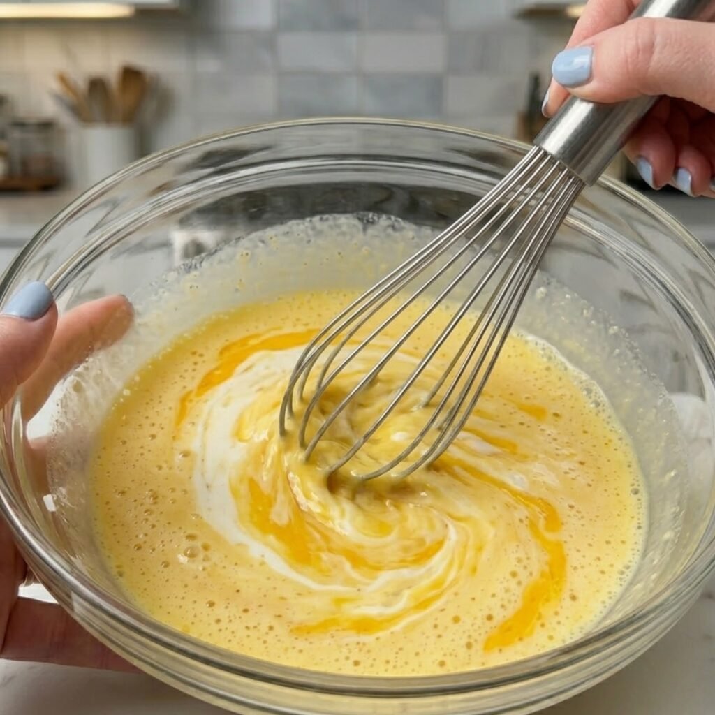 Close up of a hand with blue nails using a balloon whisk to blend eggs, milk, and cream inside a glass bowl.