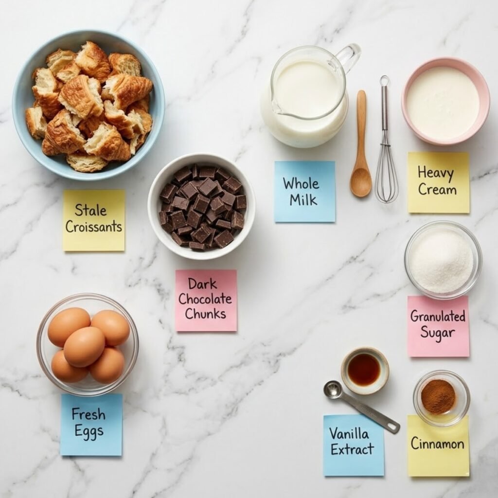 Top down flat lay of breakfast bake ingredients including stale croissants, chocolate chunks, eggs, milk, and cream in organized bowls with sticky note labels.