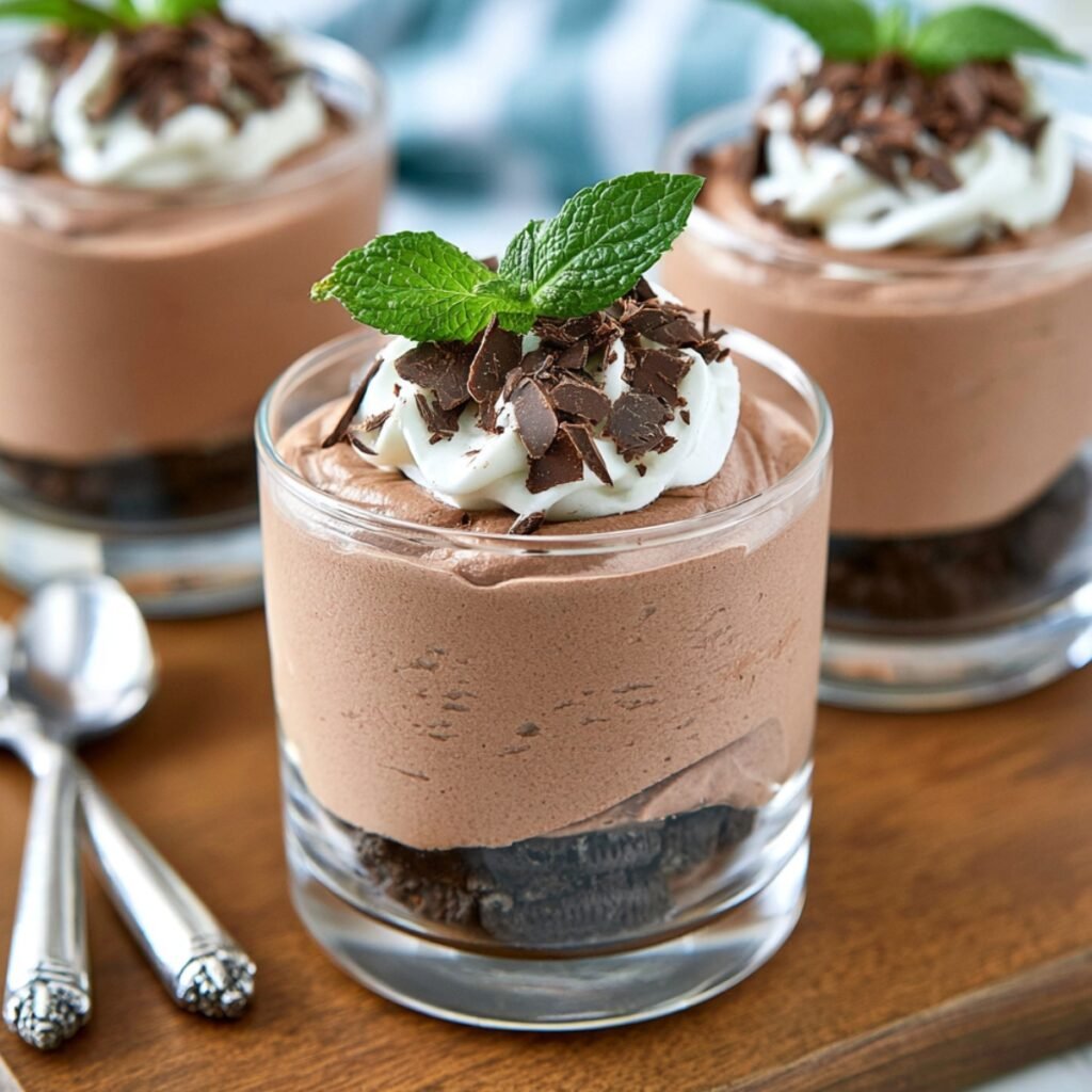 Three glass cups layered with a chocolate cookie crumb base and creamy chocolate hazelnut mascarpone mousse, topped with whipped cream, chocolate shavings, and a fresh mint sprig.