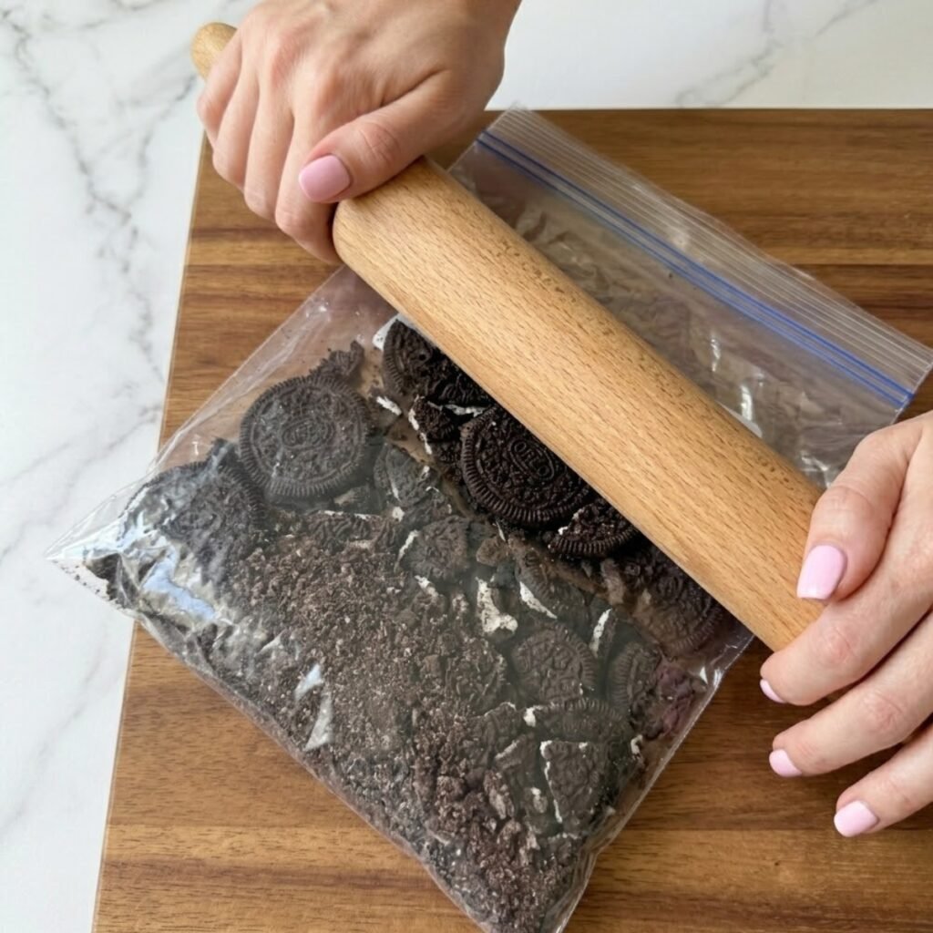 Close up of hands with pastel pink nails using a wooden rolling pin to crush chocolate cookies inside a plastic bag on a wooden board.