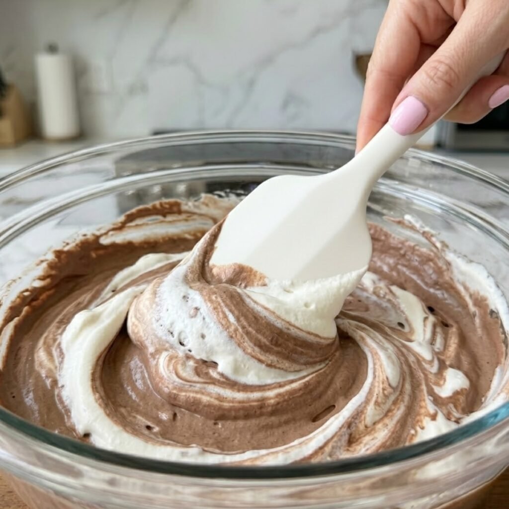 Close up of a hand gently folding freshly whipped cream into a smooth brown chocolate hazelnut mascarpone base with a spatula.