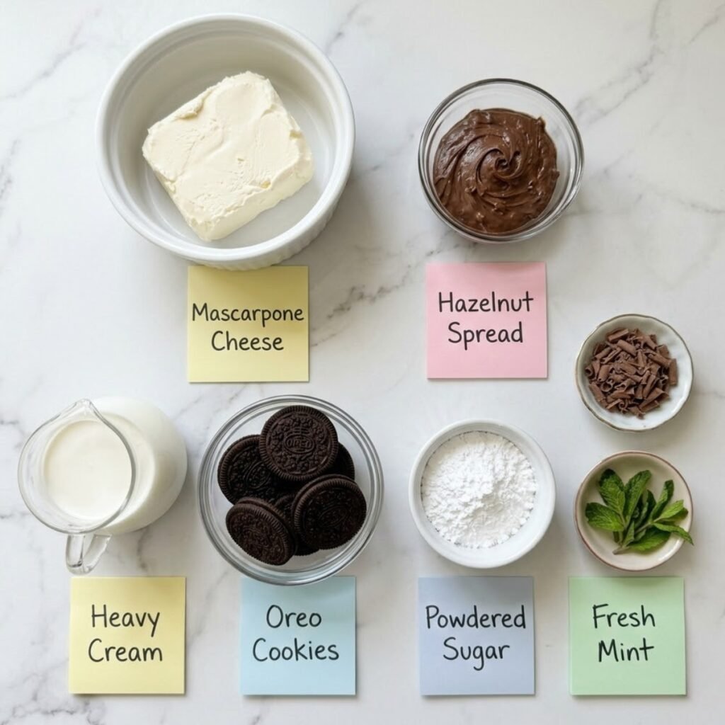Top down flat lay of no-bake dessert ingredients including mascarpone cheese, chocolate hazelnut spread, heavy cream, Oreo cookies, and chocolate curls with sticky notes.