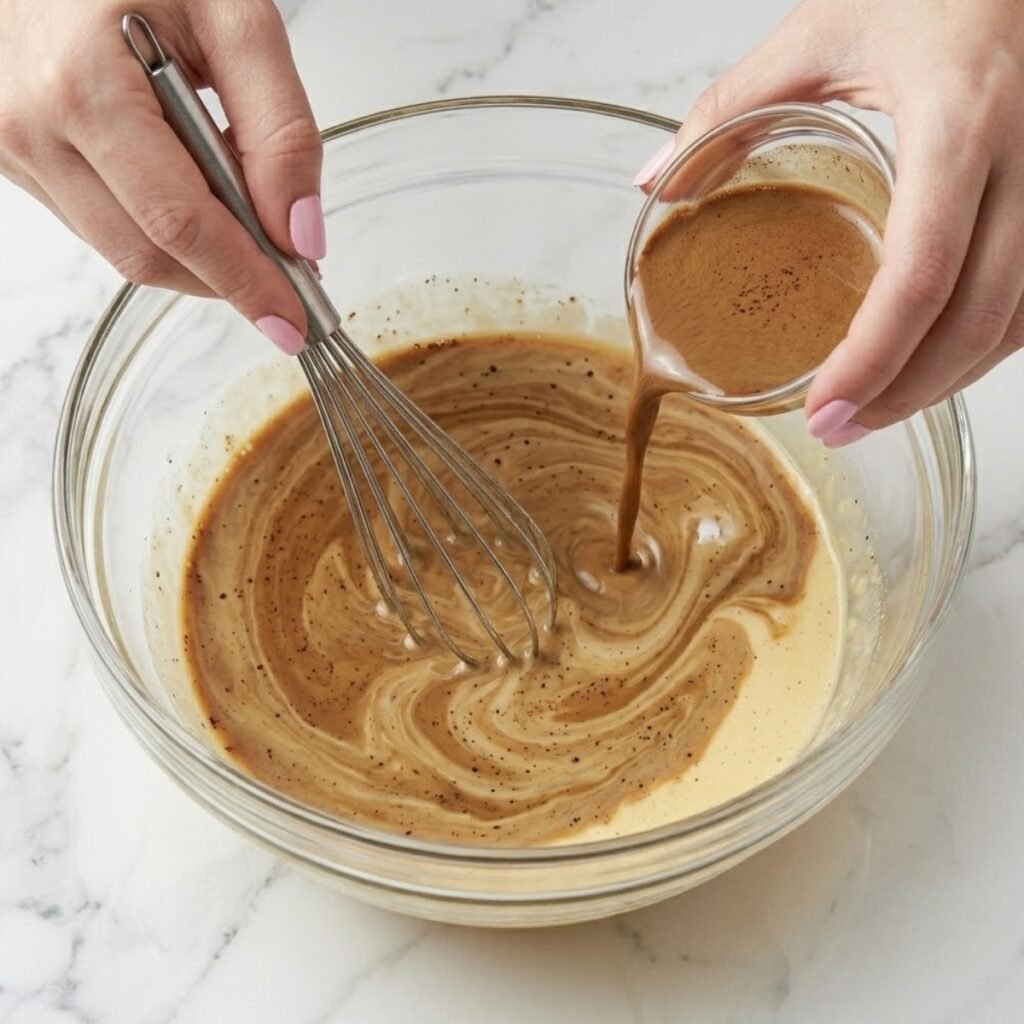 Close up of hands with baby pink nails slowly whisking warm espresso cream into egg yolks and sugar to temper the custard.