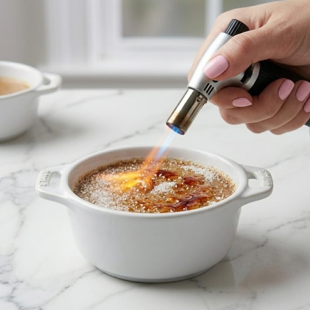 Close up of a hand using a kitchen blowtorch to melt and caramelize the sugar coating into a glassy amber shell on a coffee creme brulee.