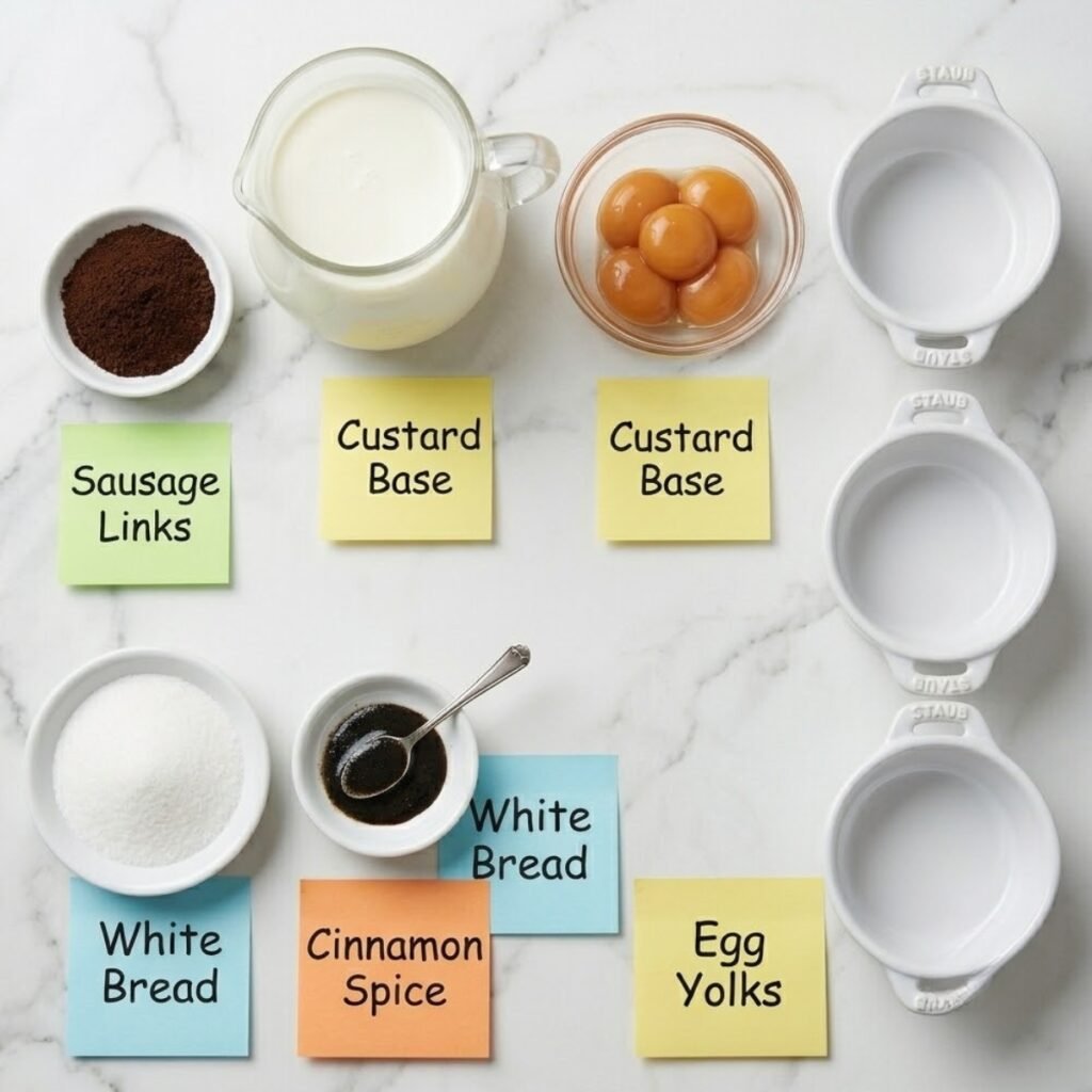 Top down flat lay of coffee creme brulee ingredients including heavy cream, espresso powder, egg yolks, sugar, and vanilla paste on a marble counter with sticky notes.