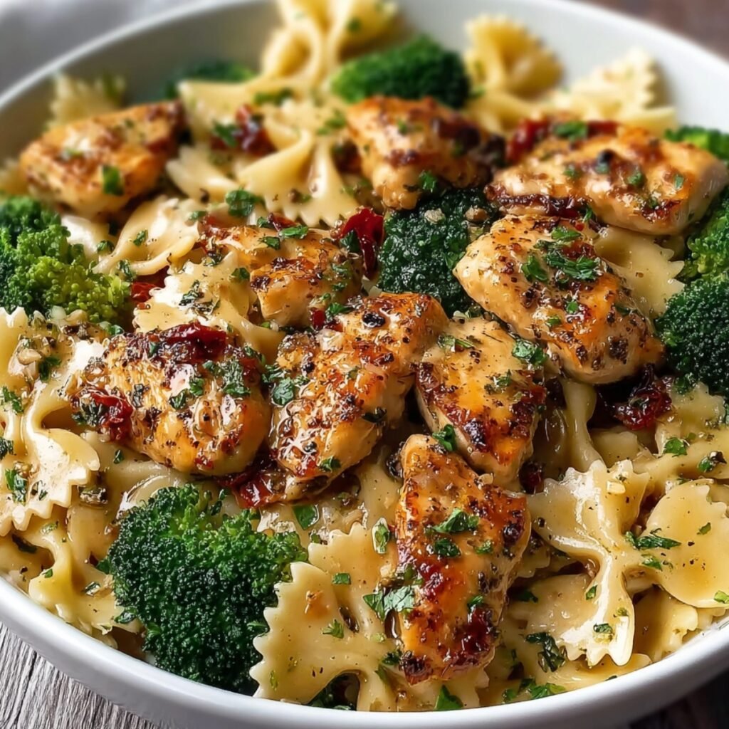 A bowl of Cowboy Butter Lemon Chicken Bowtie Pasta with golden seared chicken bites, broccoli florets, sun-dried tomatoes, and fresh herbs tossed in a buttery lemon sauce.