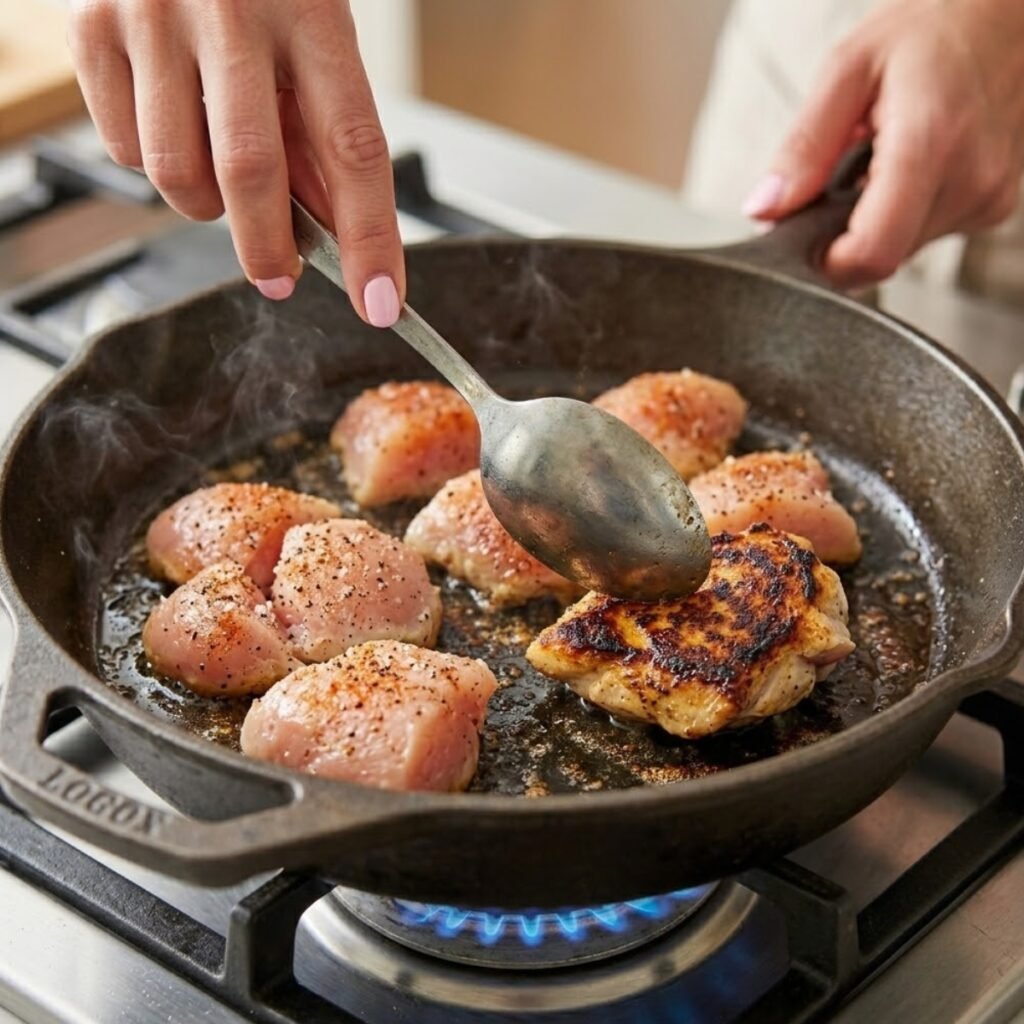 Close up of hands with baby pink nails using a spoon to sear seasoned chicken breast pieces in a hot frying skillet on a gas stove.