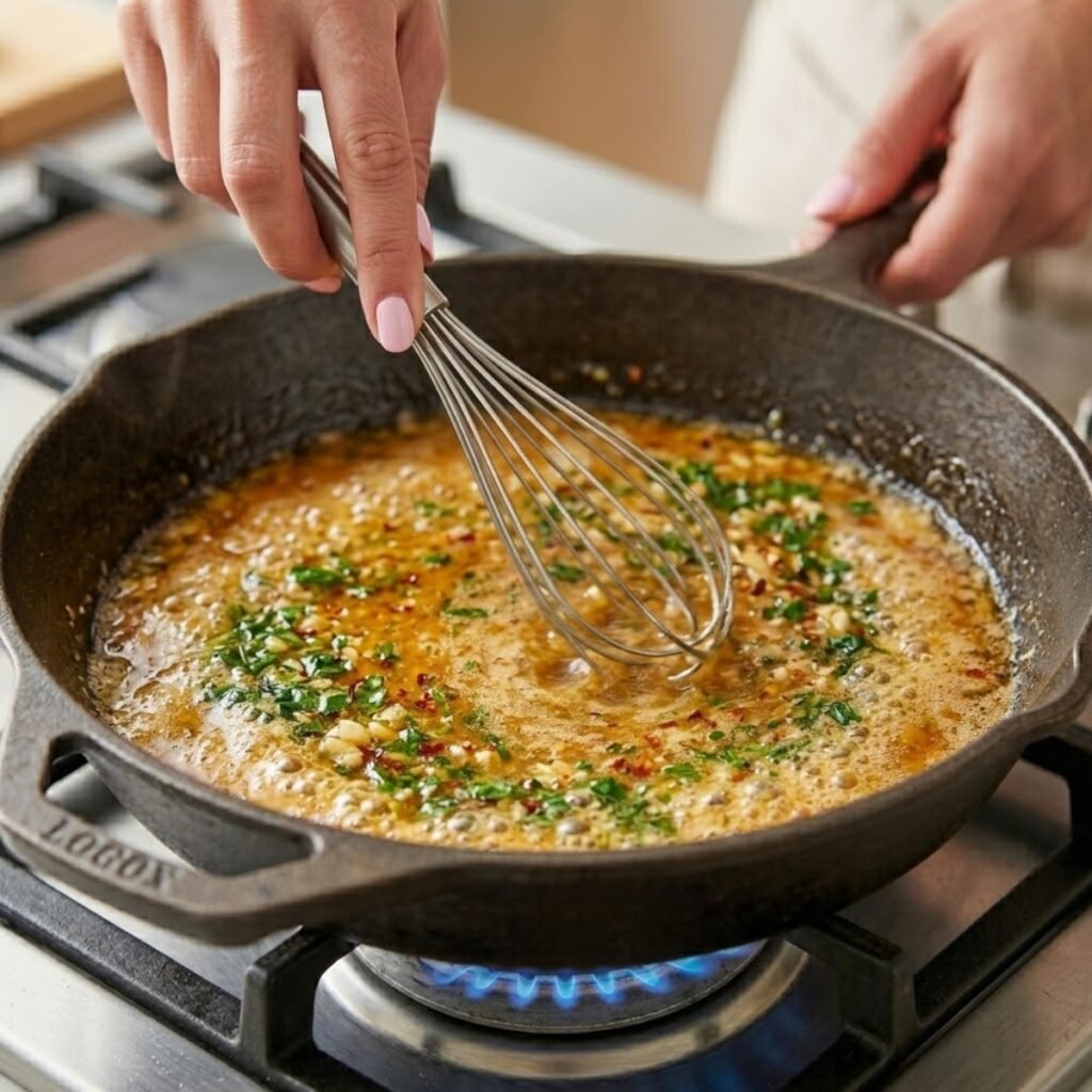 Close up of a hand using a balloon whisk to blend a glossy, golden-orange garlic herb butter glaze in a hot frying skillet on a gas stove.
