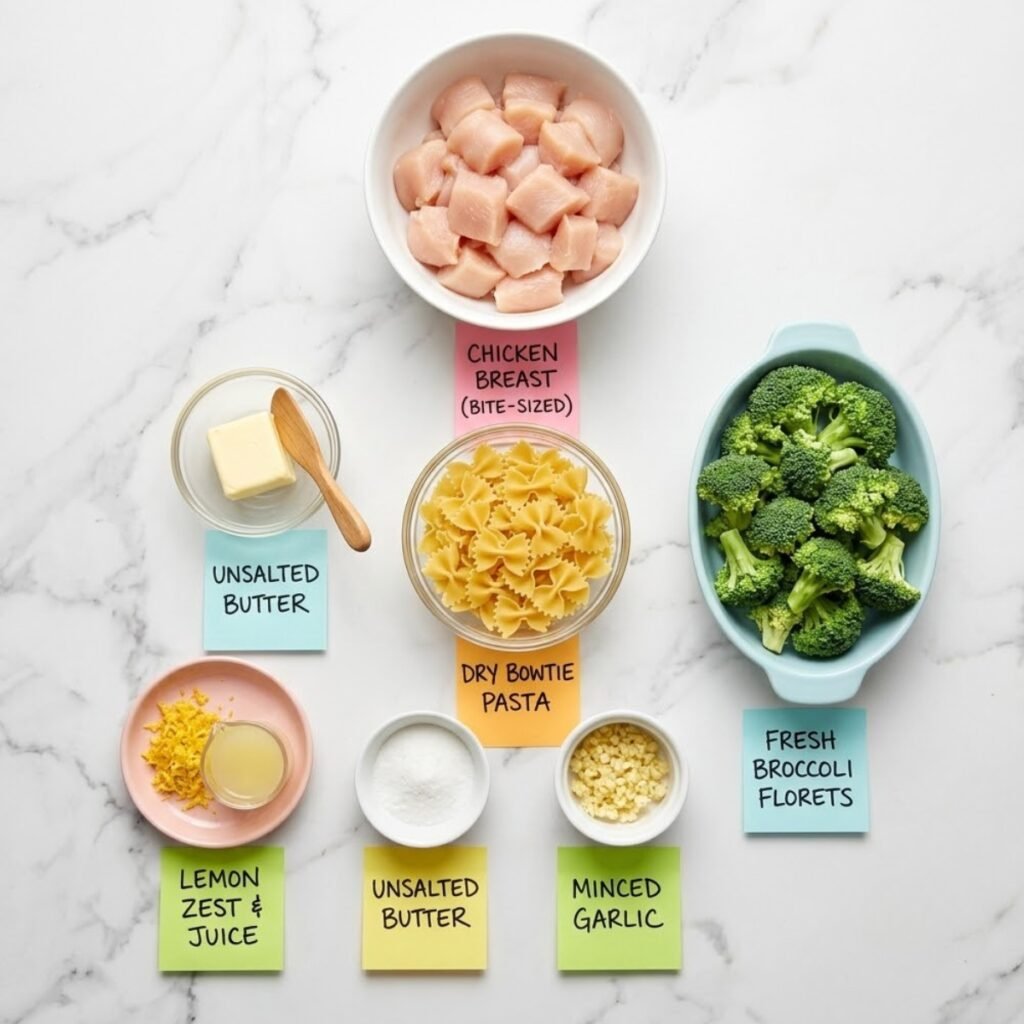 Top down flat lay of pasta ingredients including raw chicken pieces, bowtie pasta, broccoli florets, a block of butter, and fresh lemon on a marble counter with sticky notes.