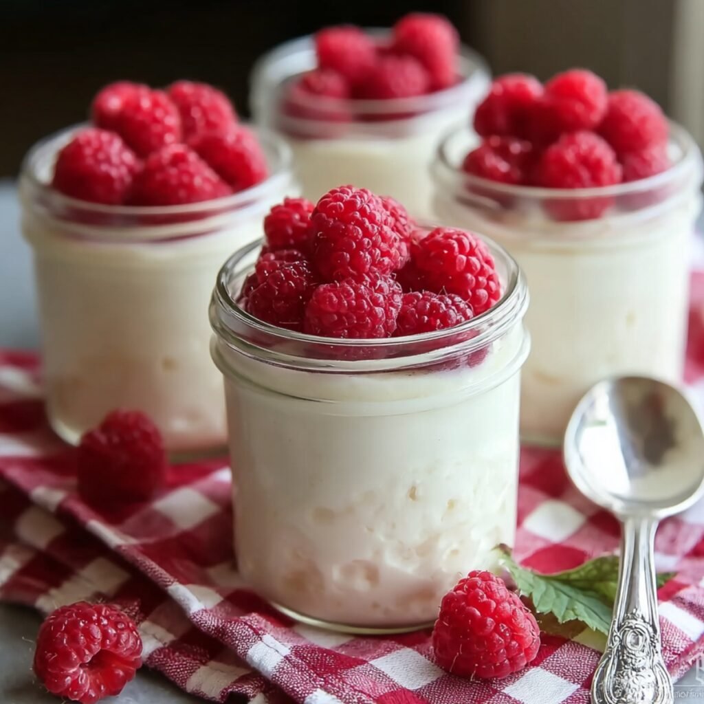 Four glass mason jars filled with creamy white coconut mousse, topped with fresh raspberries, arranged on a red and white checkered cloth with a silver spoon and scattered raspberries alongside.