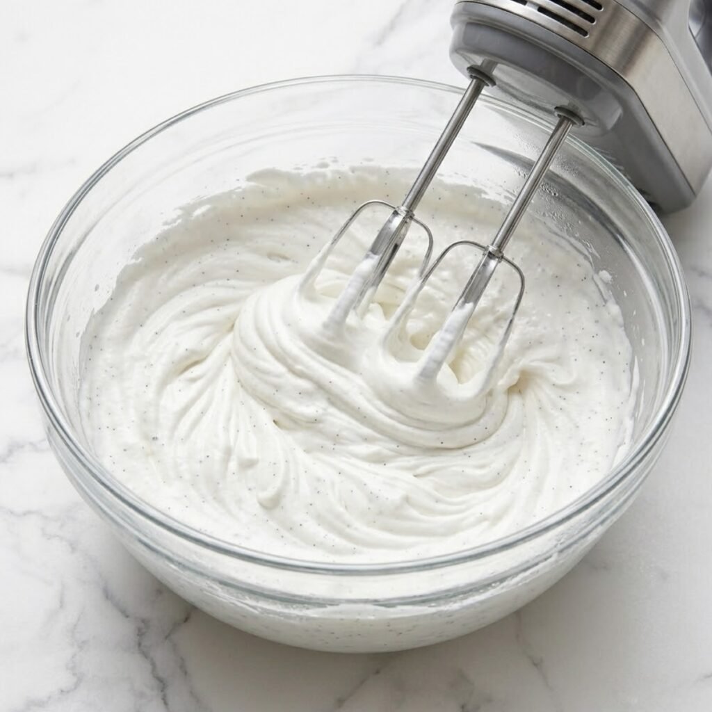 Close up of hands with classic red nails using an electric hand mixer to whip solid chilled coconut cream into fluffy peaks in a glass bowl.